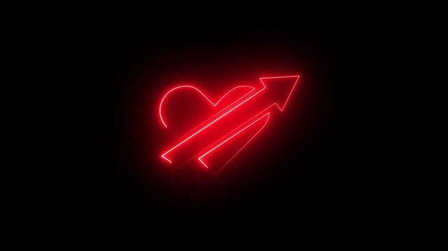 Effects of dynamic glow of the contour of a heart pierced by an arrow of cupid on a black background. Glowing neon line Amour symbol with heart and arrow icon isolated on black background