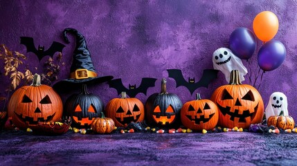 Halloween pumpkins, bats, and ghosts on purple background