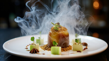 Hot mulled cider served steaming on white plate