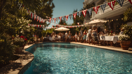 Independence day celebration. American flag bunting outdoor pool summer day patriotic holiday family, family gathering holiday, 4th july