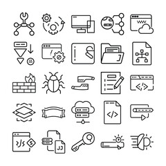 Collection of Thin Line Icons Representing Various Aspects of Web Development and Security