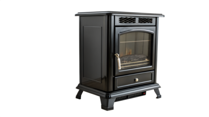 A sleek black electric fireplace stove with a glass door and decorative logs isolated on transparent background isolated on white background