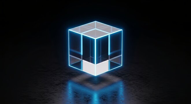 A reflective glass cube with neon blue edges floats in the dark