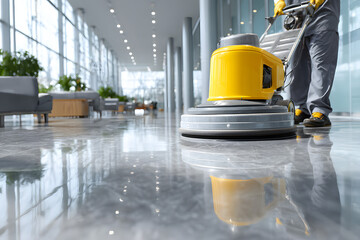 Cleaning service worker using floor polishing machine in modern office building