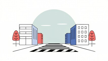 A simple illustration of a city street with a crosswalk and trees