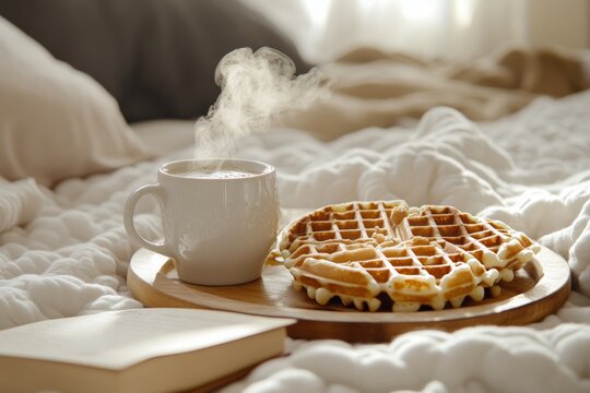 Warm morning breakfast with coffee and waffles on bed