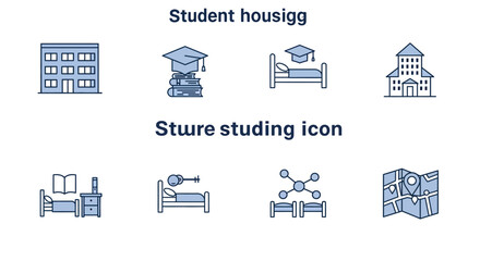 Student housing and study icons with education symbols