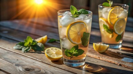 Fototapeta premium A refreshing glass of cold lemonade with lemon slices, ice cubes, mint leaves, condensation on the glass, sitting on a sunny outdoor wooden table