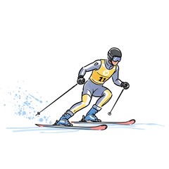 Obraz premium Skiing athlete in motion on snowy slope with ski poles 