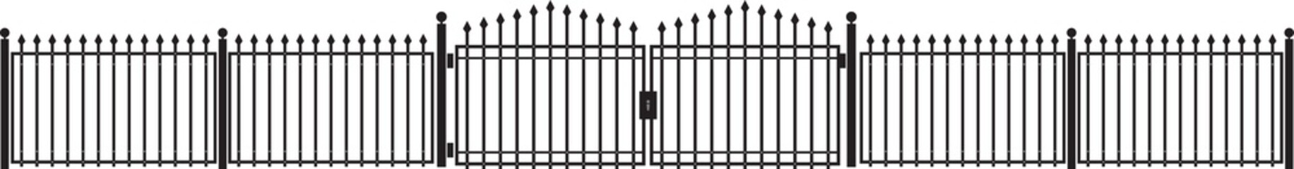 Wrought iron gate illustrations. Black metal fence entrance in different styles. Silhouette of a Victorian steel fence 