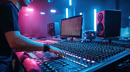 Sound engineer mixing music in professional recording studio with audio console and neon lights at night