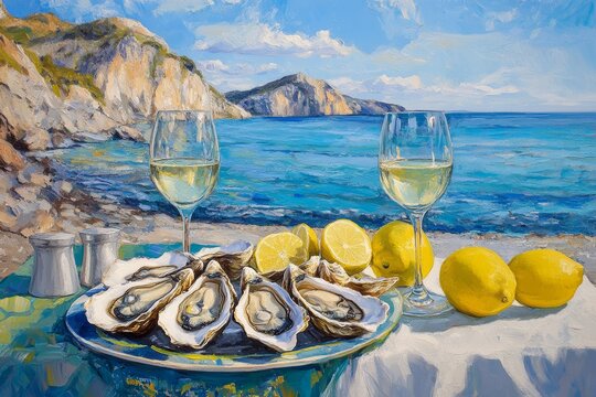 Seaside oyster feast with wine and lemons by the cliffs
