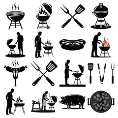 Collection of barbecue icons and silhouettes for grilling and cooking