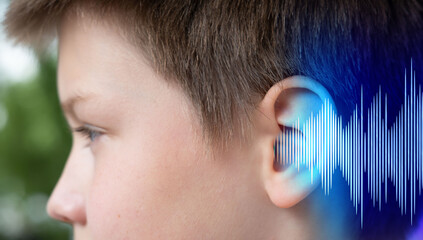 ear closeup, child listening, sound wave, acoustics and sound vibrations, Auditory System, Hearing...
