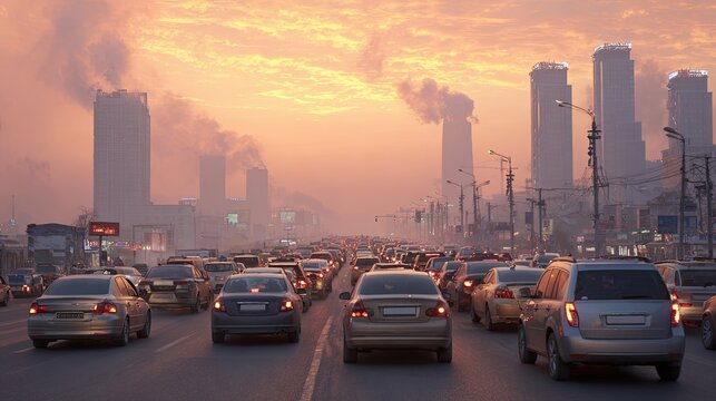 Heavy traffic on city road at sunset with air pollution and industrial smog rising from tall buildings