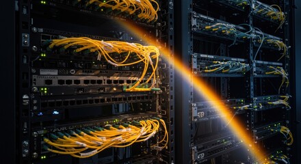 Close up view of working server rack with yellow cables on multiple levels. Data transmission and cloud computing concept.