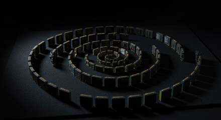 Microchips forming a spiral on dark background. Digital circuit board components in Fibonacci sequence. Technology and data processing concept.