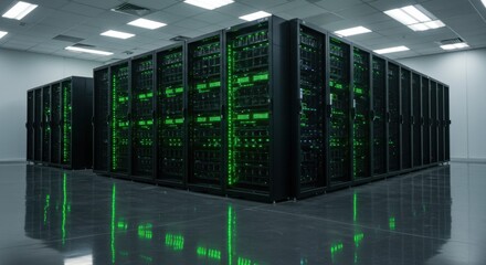 Multiple server racks glowing with green lights in a large, modern data center. Network infrastructure with technology equipment.