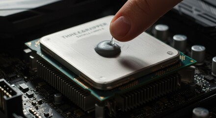 Hand applying thermal paste on a central processing unit. Computer component assembly and cooling for high performance.