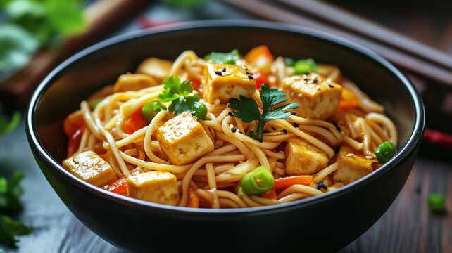 Soba noodles with vegetables and fried tofu in a bowl Close up Grey background : Generative AI