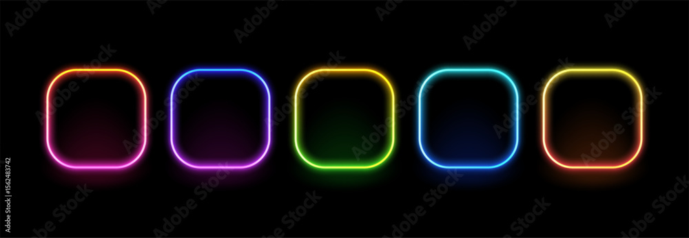 Aufkleber Rounded rectangle neon frame set with colorful glowing effect for abstract design. Light border collection. Banner background.