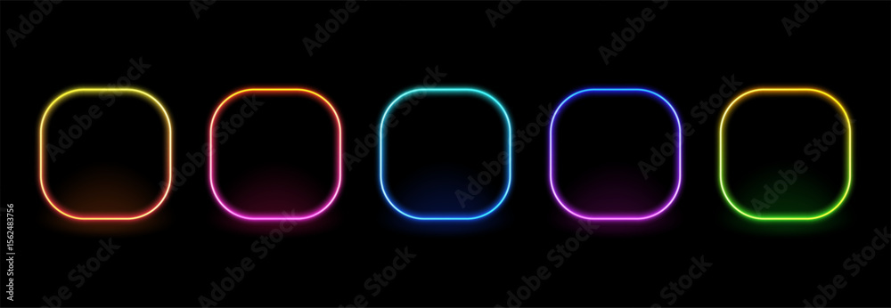 Aufkleber A row of five neon glowing rounded rectangle frames in different colors for border design. Abstract vibrant light display vector for user interface.