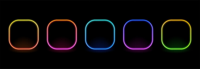 A row of five neon glowing rounded rectangle frames in different colors for border design. Abstract vibrant light display vector for user interface. © hiten666