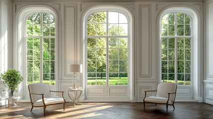 Luxurious interior with large windows overlooking a garden