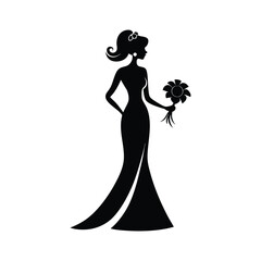    Black silhouette of a beautiful bride wearing long elegant dress and holding a flower bucket on a white background.