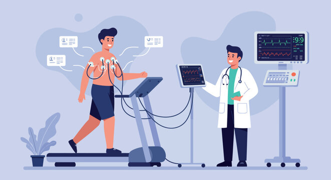 Medical checkup vector illustration: cardiac stress test in modern healthcare setting