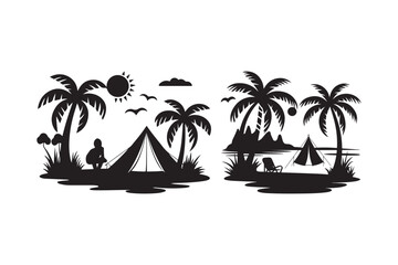 Silhouette of a tropical beach scene with palm trees and camping