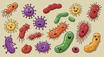 Colorful cartoon microorganisms with funny faces and diverse shapes on beige background