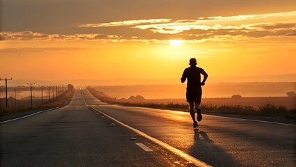 A lone runner is silhouetted against a vibrant sunrise as they run down a long, open road