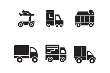 Collection of simple black icons representing various types of trucks and vehicles