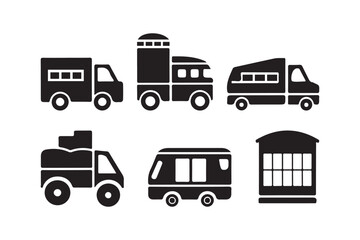 Collection of simple black silhouettes of various trucks and vehicles