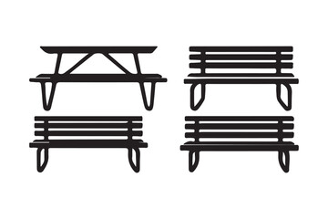 Collection of black silhouette picnic tables and park benches