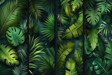 Naklejka premium Collection of vertical summer backgrounds with frames or borders made of green tropical palm leaves or jungle exotic foliage and place for text. Seasonal colorful realistic vector illustration