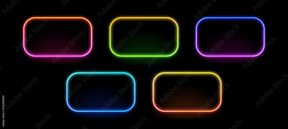 Aufkleber Set of five colorful neon frame vector signs with glowing light on a black background, rounded border rectangle banner.