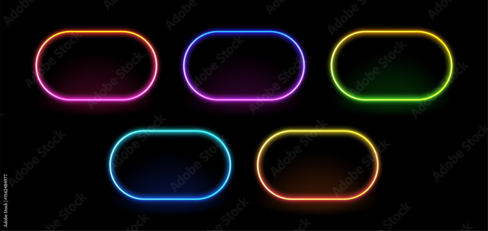 Aufkleber Set of five colourful neon frame vectors with rounded corners. Empty luminous light shapes for retro or futuristic design.