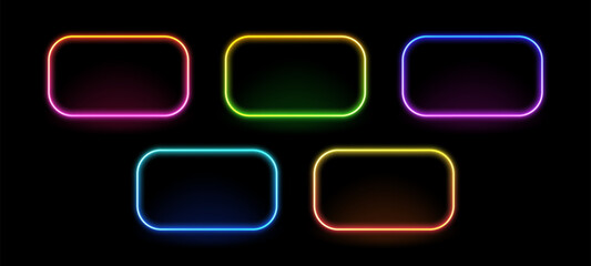 Set of five colorful neon frame vector signs with glowing light on a black background, rounded border rectangle banner.