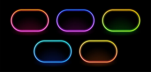 Set of five colourful neon frame vectors with rounded corners. Empty luminous light shapes for retro or futuristic design.