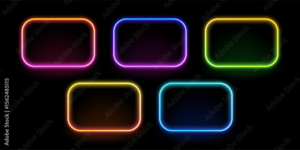 Poster various colorful neon frames isolated on a dark background. glowing rectangle border for ad, sign, a