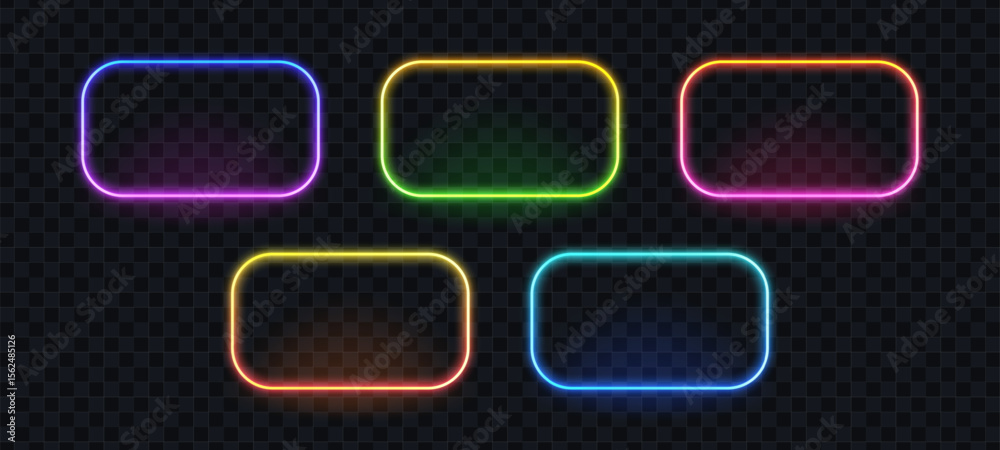 Poster Set of five colorful neon frames with rounded corners. Futuristic glowing banner for design. Digital light design for signboard.