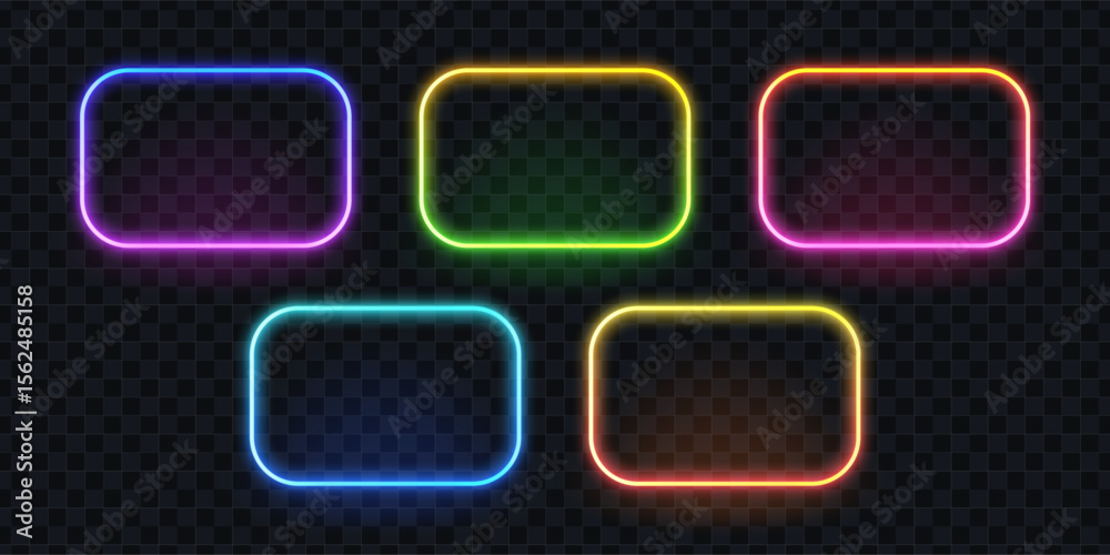 Poster set of five glowing neon rectangle frames with rounded corners. colorful light effects for futuristi