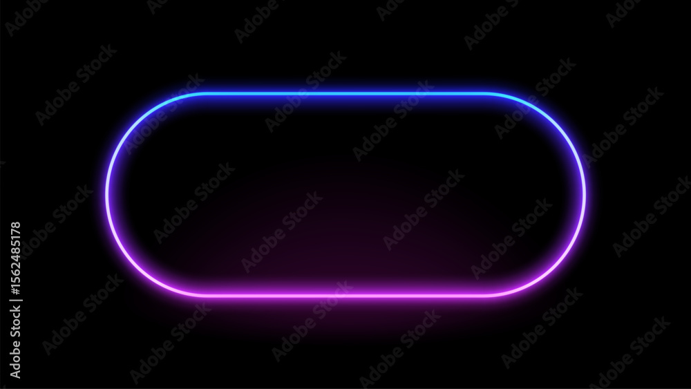 Poster neon frame glowing with blue and purple light on a black background, representing a futuristic displ