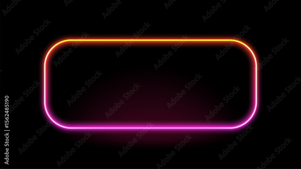 Poster Rectangular neon glowing frame with rounded corners. Modern abstract light border for futuristic design and presentation.