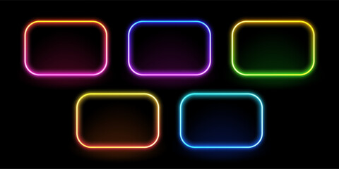 Various colorful neon frames isolated on a dark background. Glowing rectangle border for ad, sign, and modern design.