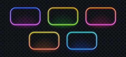 Set of five colorful neon frames with rounded corners. Futuristic glowing banner for design. Digital light design for signboard.