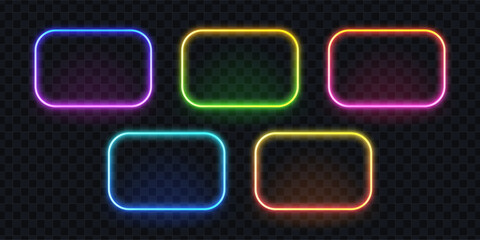 Set of five glowing neon rectangle frames with rounded corners. Colorful light effects for futuristic sign design.