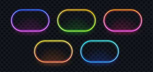 Set of five glowing neon color frames with rounded corners. Bright oval light board banner modern design layout.